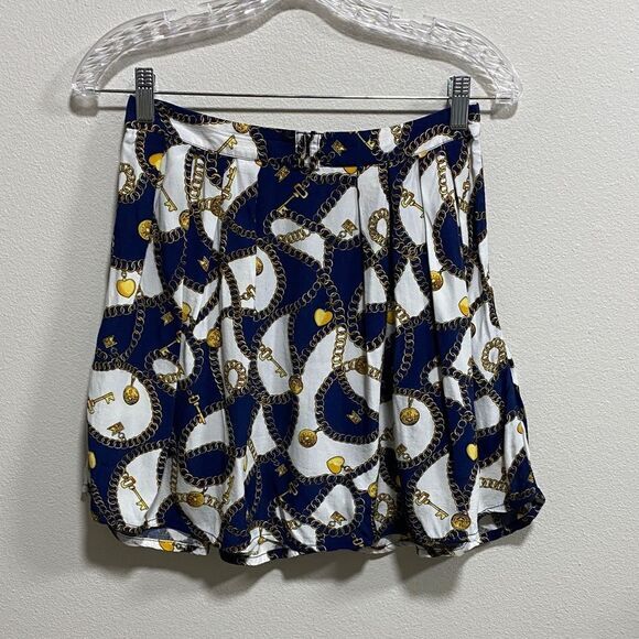 Topshop Navy Gold Chain Print Mini Skirt US 6 Button Front‎ Pockets Baroque - Picture 5 of 12